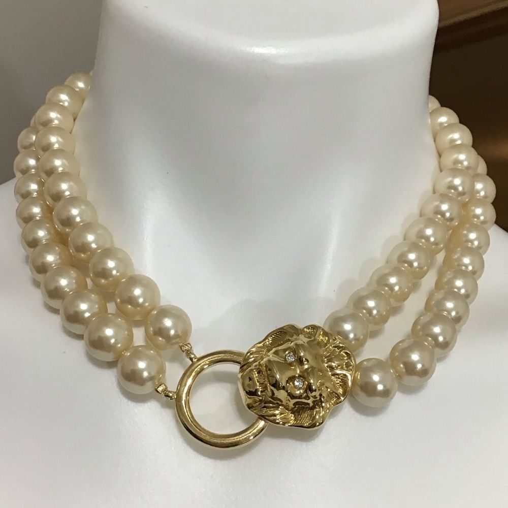 Avon and Kenneth Jay Lane Elegant Pearl Necklace With Gold Lion Head Necklace